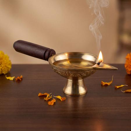 Pure Brass Aarti Diya with Wooden Handle for Puja | Traditional Oil Lamp for Daily Worship and Mandir Use
