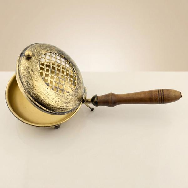 Antique Brass Dhoop Dani with Wooden Handle for Puja | Traditional Sambrani Burner for Incense and Home Fragrance
