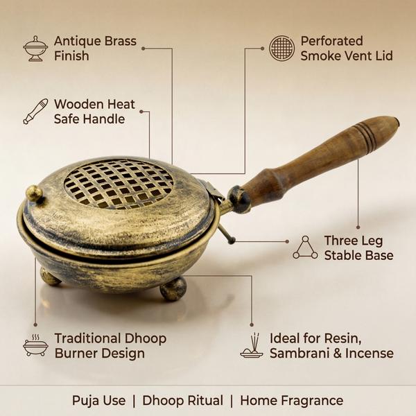 Antique Brass Dhoop Dani with Wooden Handle for Puja | Traditional Sambrani Burner for Incense and Home Fragrance