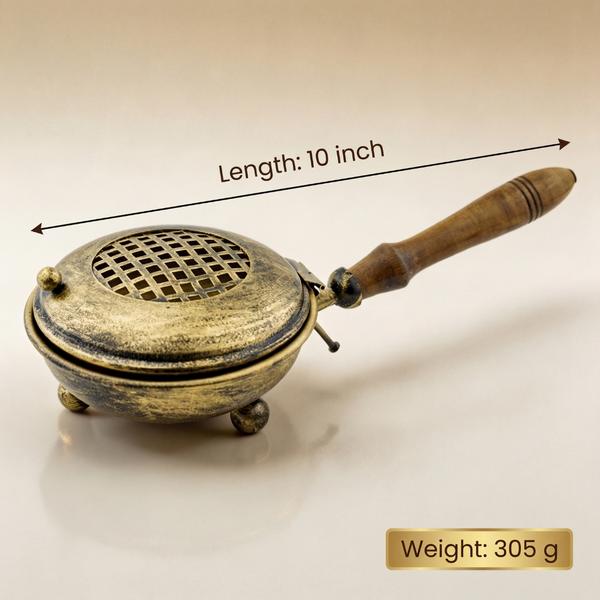 Antique Brass Dhoop Dani with Wooden Handle for Puja | Traditional Sambrani Burner for Incense and Home Fragrance