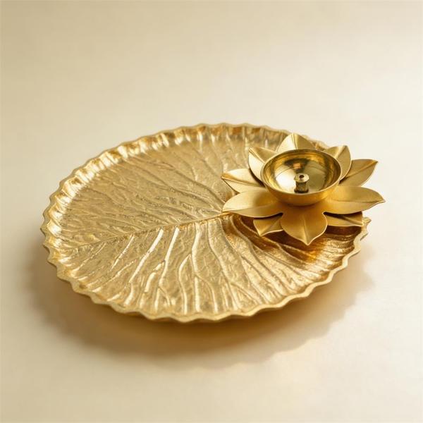 Handcrafted Pooja Thali with Lotus Diya | Decorative Leaf Design Puja Plate for Festival and Home Temple Use