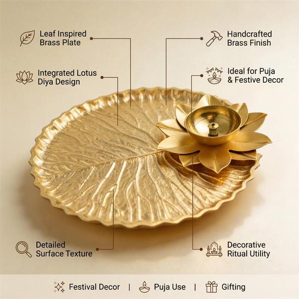 Handcrafted Pooja Thali with Lotus Diya | Decorative Leaf Design Puja Plate for Festival and Home Temple Use