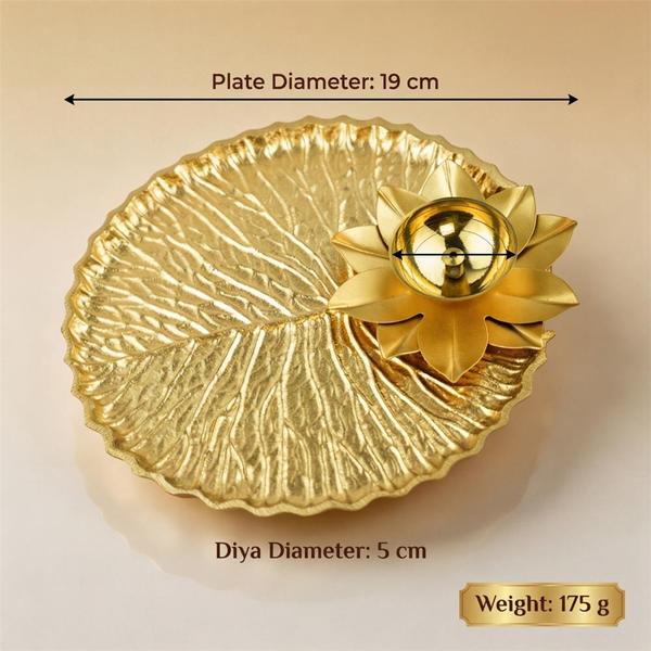 Handcrafted Pooja Thali with Lotus Diya | Decorative Leaf Design Puja Plate for Festival and Home Temple Use