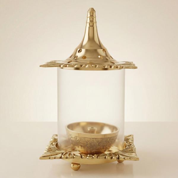 Brass Akhand Diya Lantern with Glass Cover for Puja | Traditional Oil Lamp for Temple and Diwali Decor