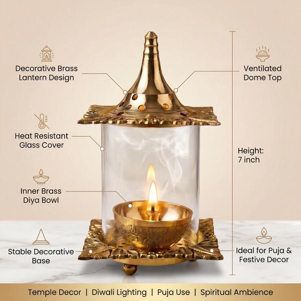 Brass Akhand Diya Lantern with Glass Cover for Puja | Traditional Oil Lamp for Temple and Diwali Decor