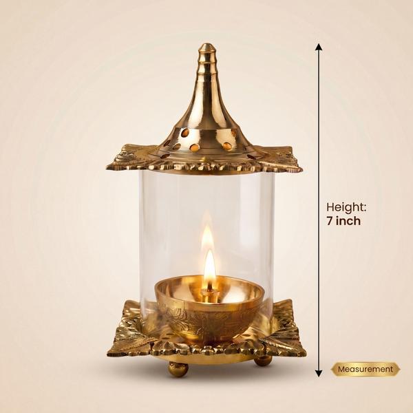 Brass Akhand Diya Lantern with Glass Cover for Puja | Traditional Oil Lamp for Temple and Diwali Decor