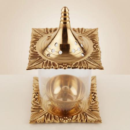 Brass Akhand Diya Lantern with Glass Cover for Puja | Traditional Oil Lamp for Temple and Diwali Decor