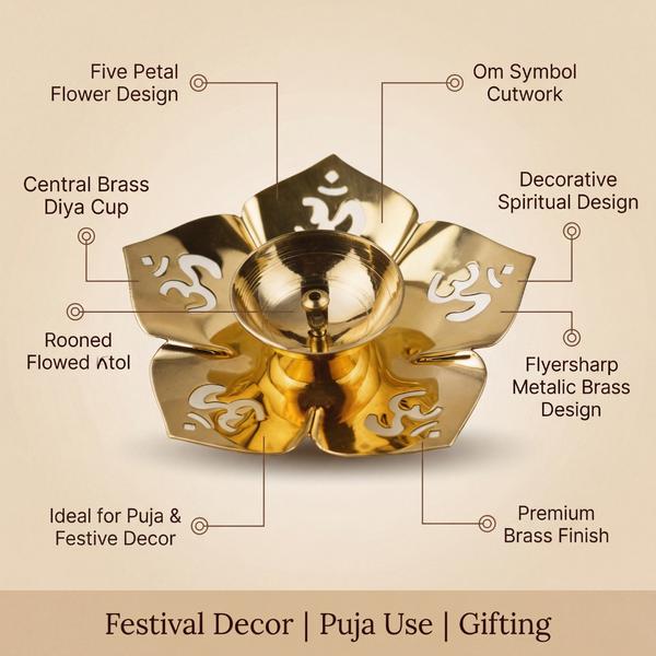 Pure Brass Om Lotus Diya for Puja | Decorative Oil Lamp for Home Temple, Festival Decor and Gifting