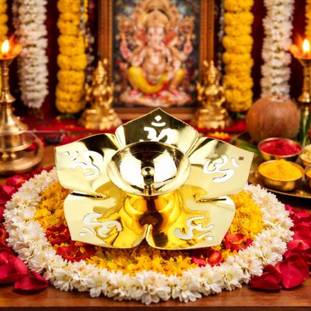 Pure Brass Om Lotus Diya for Puja | Decorative Oil Lamp for Home Temple, Festival Decor and Gifting