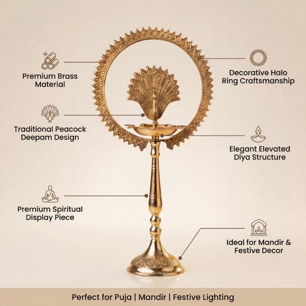 Brass Peacock Standing Diya for Puja | Decorative Deepam for Mandir, Temple and Festival Decor