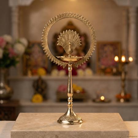 Brass Peacock Standing Diya for Puja | Decorative Deepam for Mandir, Temple and Festival Decor