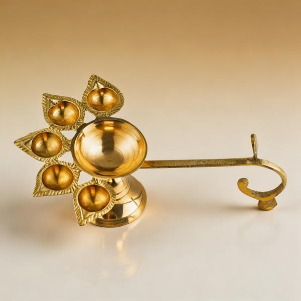 Pure Brass Panch Aarti Diya with Long Handle | 5 Jyot Oil Lamp for Puja, Temple Aarti Deepam and Home Mandir