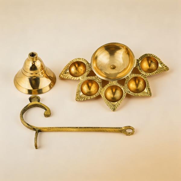 Pure Brass Panch Aarti Diya with Long Handle | 5 Jyot Oil Lamp for Puja, Temple Aarti Deepam and Home Mandir