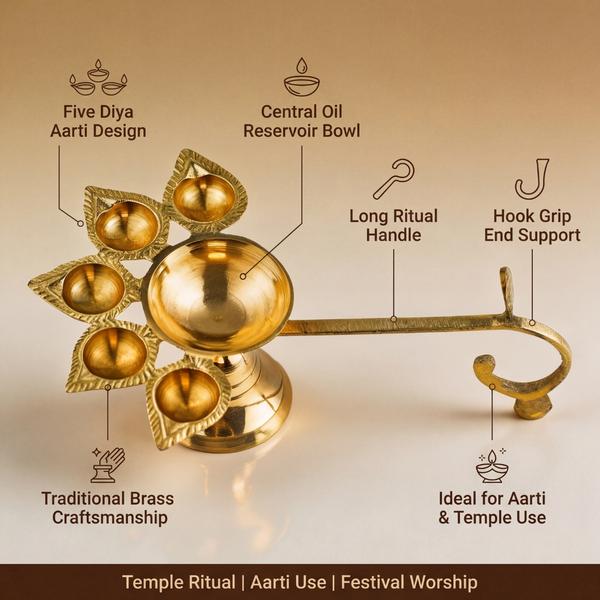 Pure Brass Panch Aarti Diya with Long Handle | 5 Jyot Oil Lamp for Puja, Temple Aarti Deepam and Home Mandir