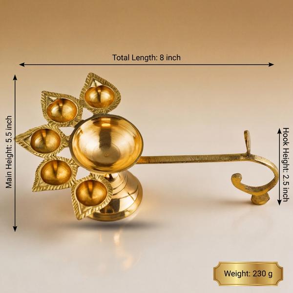 Pure Brass Panch Aarti Diya with Long Handle | 5 Jyot Oil Lamp for Puja, Temple Aarti Deepam and Home Mandir