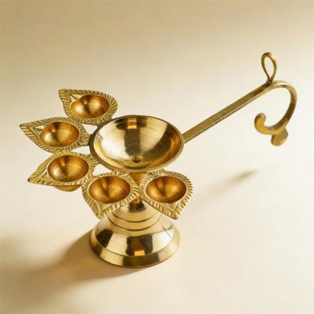 Pure Brass Panch Aarti Diya with Long Handle | 5 Jyot Oil Lamp for Puja, Temple Aarti Deepam and Home Mandir