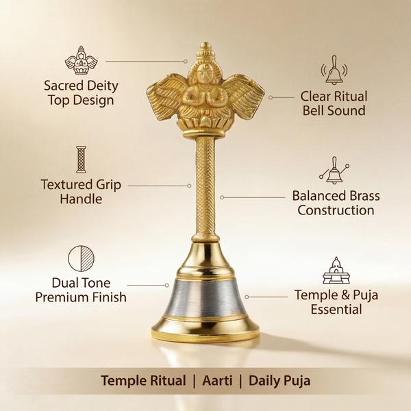 Pure Brass Garuda Handle Puja Bell | Traditional Hand Ghanti for Temple Aarti, Home Mandir and Daily Worship