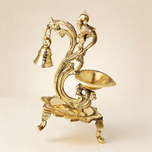Pure Brass Hanging Bell Diya Stand with Parrot Design | Traditional Oil Lamp for Temple, Home Mandir and Festival Decor