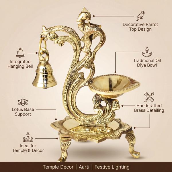 Pure Brass Hanging Bell Diya Stand with Parrot Design | Traditional Oil Lamp for Temple, Home Mandir and Festival Decor