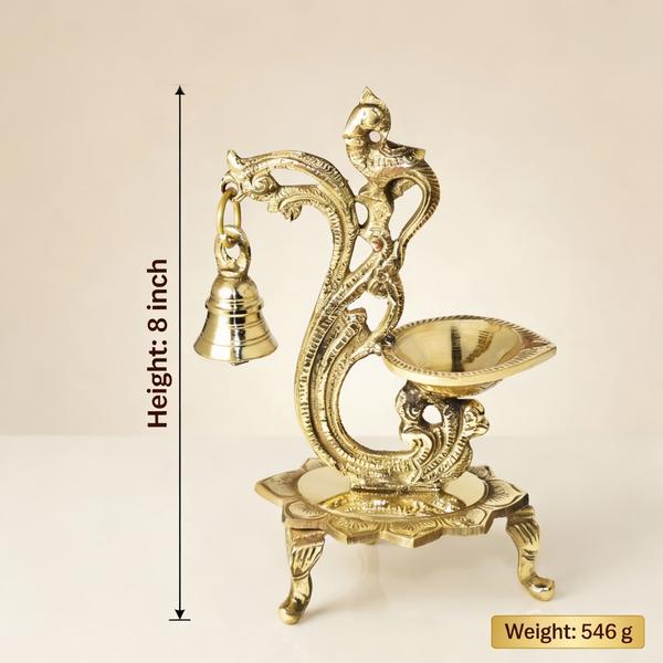 Pure Brass Hanging Bell Diya Stand with Parrot Design | Traditional Oil Lamp for Temple, Home Mandir and Festival Decor