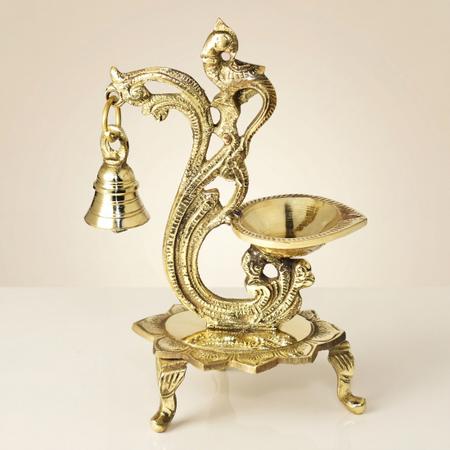 Pure Brass Hanging Bell Diya Stand with Parrot Design | Traditional Oil Lamp for Temple, Home Mandir and Festival Decor