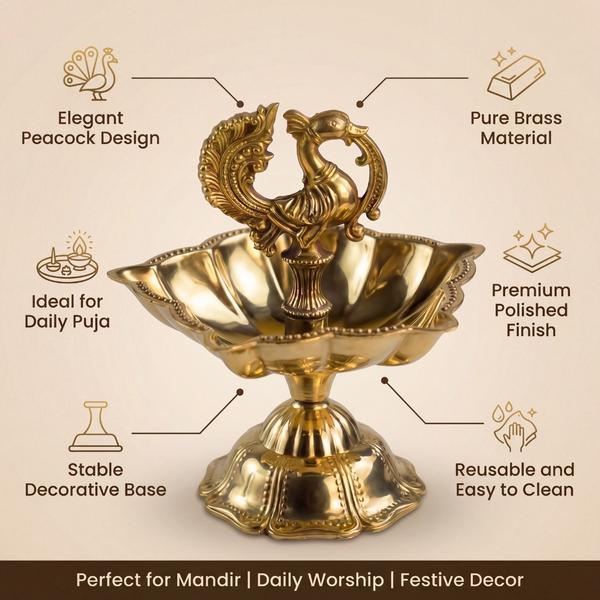Pure Brass Peacock Diya Stand for Puja | Decorative Oil Lamp for Home Mandir, Temple and Festival Decor
