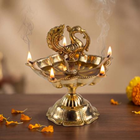 Pure Brass Peacock Diya Stand for Puja | Decorative Oil Lamp for Home Mandir, Temple and Festival Decor