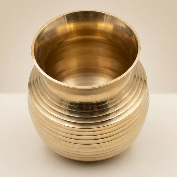 Pure Brass Ribbed Kalash for Puja | Traditional Jal Kalash Water Vessel for Home Mandir, Temple Rituals and Daily Worship