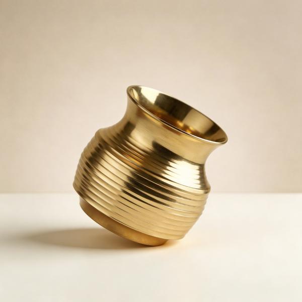 Pure Brass Ribbed Kalash for Puja | Traditional Jal Kalash Water Vessel for Home Mandir, Temple Rituals and Daily Worship