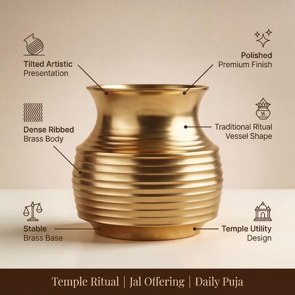 Pure Brass Ribbed Kalash for Puja | Traditional Jal Kalash Water Vessel for Home Mandir, Temple Rituals and Daily Worship