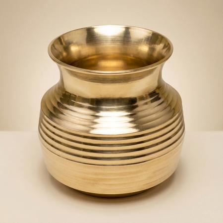 Pure Brass Ribbed Kalash for Puja | Traditional Jal Kalash Water Vessel for Home Mandir, Temple Rituals and Daily Worship