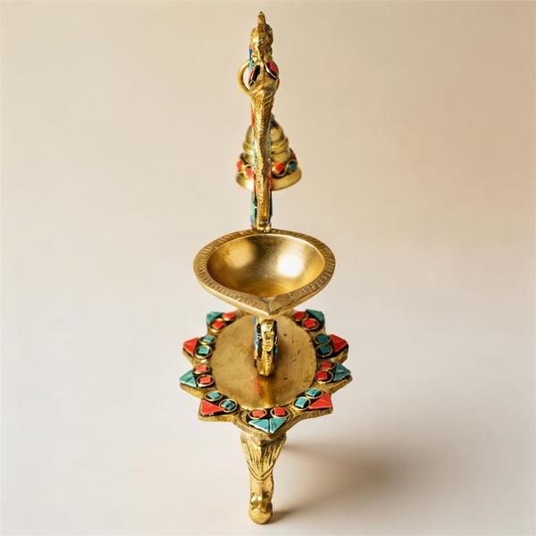 Pure Brass Double Stone Hanging Bell Diya Stand with Parrot Design | Traditional Oil Lamp for Temple, Home Mandir and Festival Decor