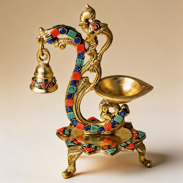 Pure Brass Double Stone Hanging Bell Diya Stand with Parrot Design | Traditional Oil Lamp for Temple, Home Mandir and Festival Decor