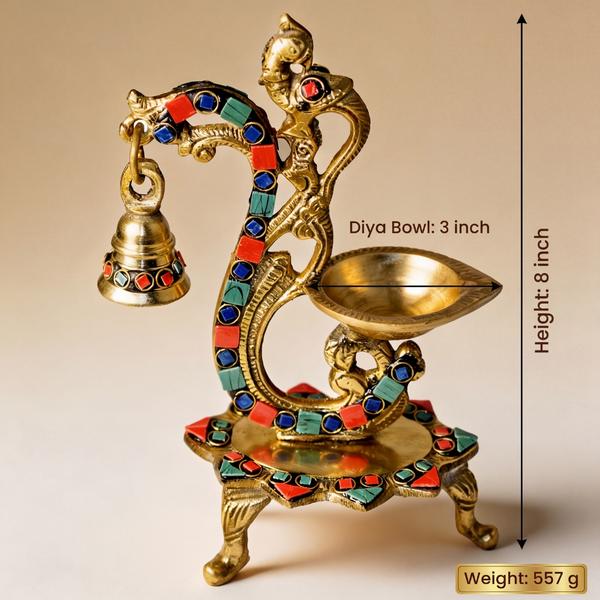 Pure Brass Double Stone Hanging Bell Diya Stand with Parrot Design | Traditional Oil Lamp for Temple, Home Mandir and Festival Decor