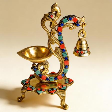 Pure Brass Double Stone Hanging Bell Diya Stand with Parrot Design | Traditional Oil Lamp for Temple, Home Mandir and Festival Decor