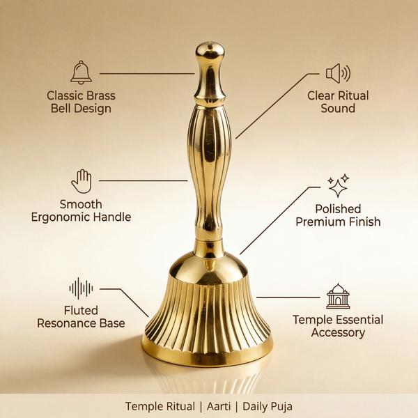 Pure Brass Hand Puja Bell | Traditional Large Aarti Ghanti for Temple, Home Mandir and Daily Worship