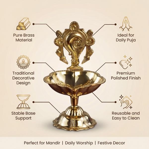 Pure Brass Sankh Diya With Stand for Puja | Decorative Oil Lamp for Home Mandir, Temple and Daily Worship