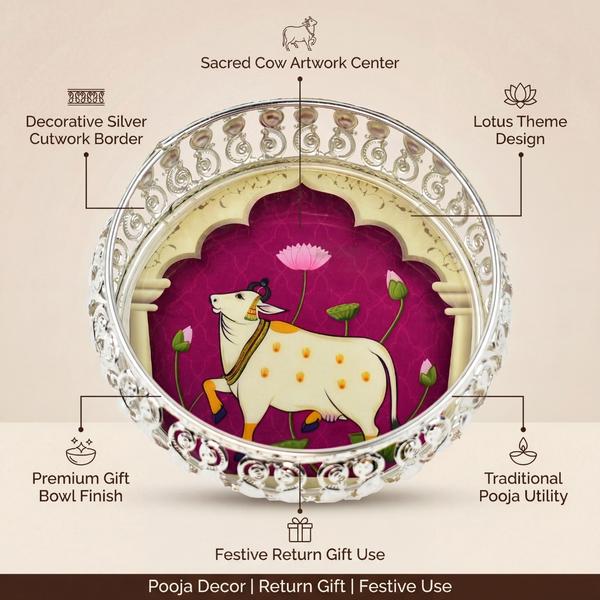Silver Plated Kamdhenu Decorative Bowl for Puja | Sacred Cow Return Gift Bowl for Home Decor, Festive Use and Pooja Rituals