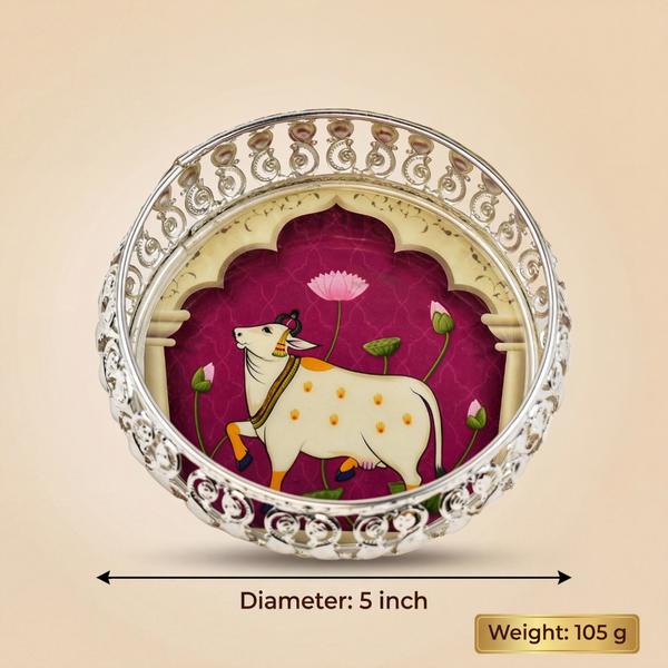 Silver Plated Kamdhenu Decorative Bowl for Puja | Sacred Cow Return Gift Bowl for Home Decor, Festive Use and Pooja Rituals