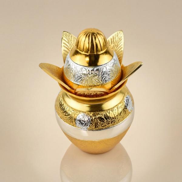 Gold Silver Plated Decorative Kalash with Coconut & Lotus Design for Puja | Premium Mandir Kalash for Home, Wedding, Festive Decor