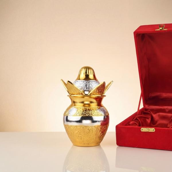 Gold Silver Plated Decorative Kalash with Coconut & Lotus Design for Puja | Premium Mandir Kalash for Home, Wedding, Festive Decor