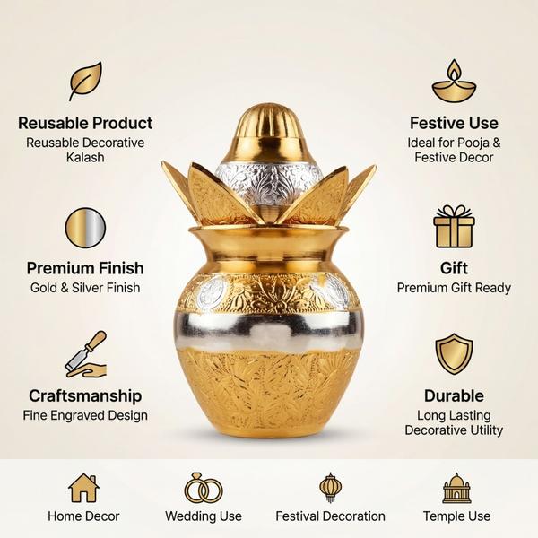 Gold Silver Plated Decorative Kalash with Coconut & Lotus Design for Puja | Premium Mandir Kalash for Home, Wedding, Festive Decor