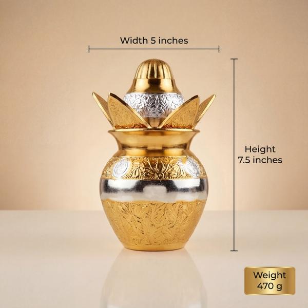 Gold Silver Plated Decorative Kalash with Coconut & Lotus Design for Puja | Premium Mandir Kalash for Home, Wedding, Festive Decor