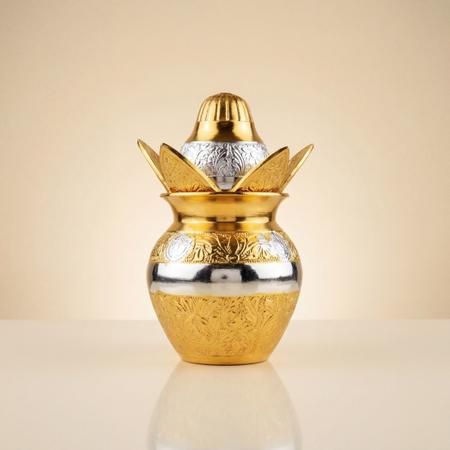 Gold Silver Plated Decorative Kalash with Coconut & Lotus Design for Puja | Premium Mandir Kalash for Home, Wedding, Festive Decor