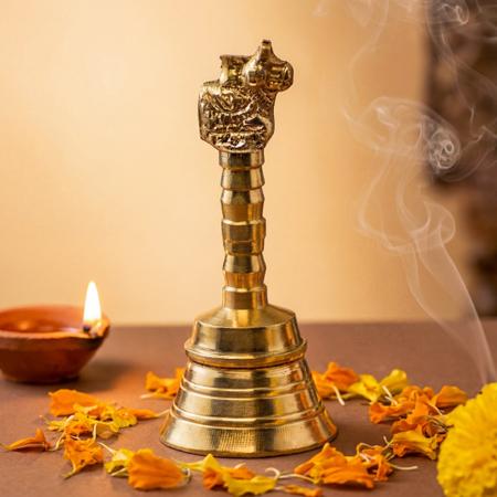 Pure Brass Nandi Handle Puja Bell for Mandir | Traditional Hand Ghanti for Aarti, Temple Rituals & Spiritual Decor