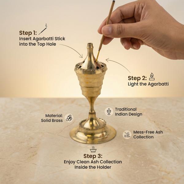 Pure Brass Agarbatti Holder with Ash Catcher | Traditional Incense Stick Stand for Puja, Mandir & Home Decor