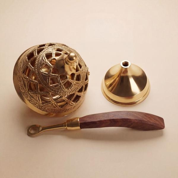 Pure Brass Loban Dhoop Dani with Wooden Handle | Traditional Incense Burner for Puja, Havan & Home Fragrance