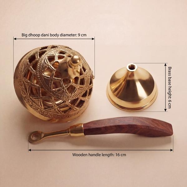 Pure Brass Loban Dhoop Dani with Wooden Handle | Traditional Incense Burner for Puja, Havan & Home Fragrance