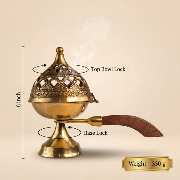 Pure Brass Loban Dhoop Dani with Wooden Handle | Traditional Incense Burner for Puja, Havan & Home Fragrance