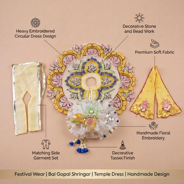 Handmade Bal Gopal Dress Set with Mukut | Heavy Embroidered Laddu Gopal Poshak for Janmashtami, Puja and Temple Shringar 8 inch